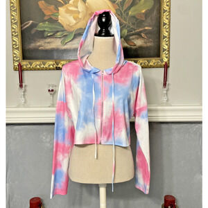 Unbranded Pink Blue Tie Dye Cropped Full Zip Hoodie Small Oversized